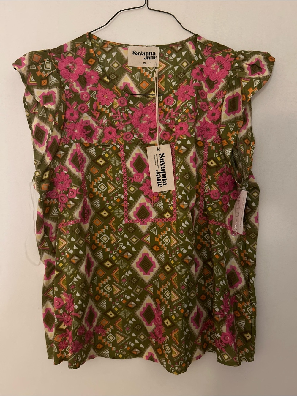 Savanna Jane Olive & Pink Floral Geometric Flutter Sleeve Top